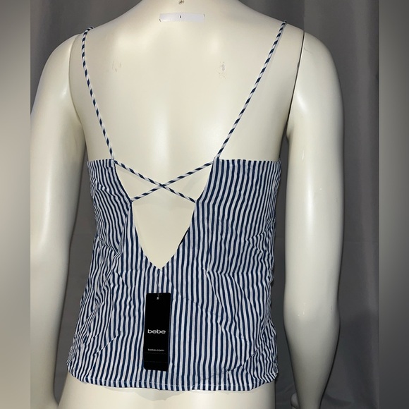 Bebe Blue/White Striped Open-Back V-Neck Tank Top XXS - Picture 4 of 5